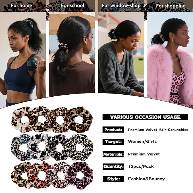 12 Pcs Scrunchies for Women, Girls Velvet Bulk Hair Scrunchie, Elastic Soft Ponytail Holder Hair Ties, Classic Hair Bands Perfect for Girls Hair Accessories(Leopard Print)