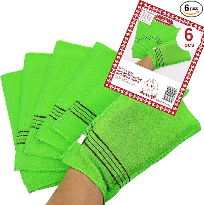 etreetowel Extra Large Size 9.9" x 5.5" (6 PCs) Korean Asian Exfoliating Bath Washcloths Mitt Scrub for Body washcloth Glove Viscose Rayon Towel for Soft Skin Korea Made