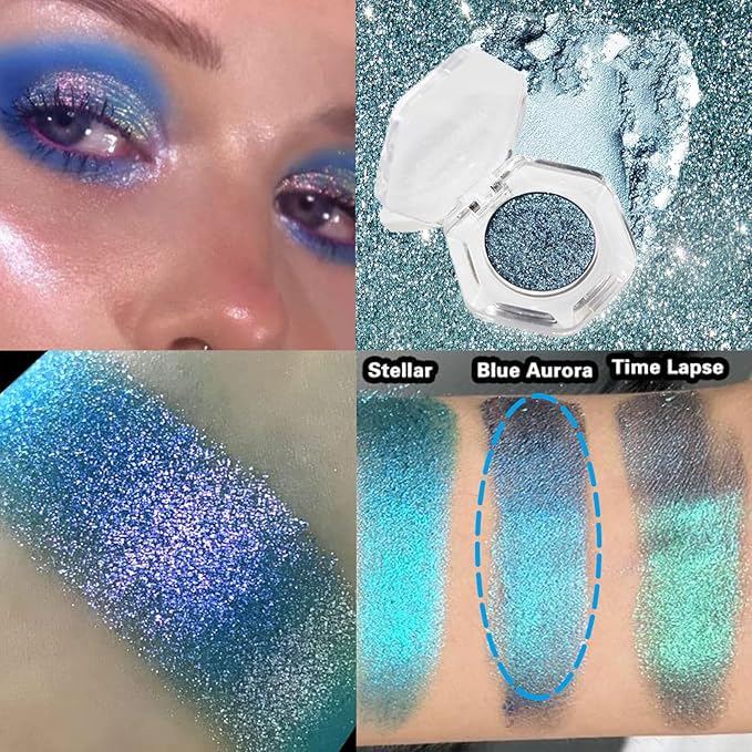 Chameleon Eyeshadow Collection, 14 Shades, Glitter Pressed Powder, Iridescent Shimmer Colors. (Blue Aurora)