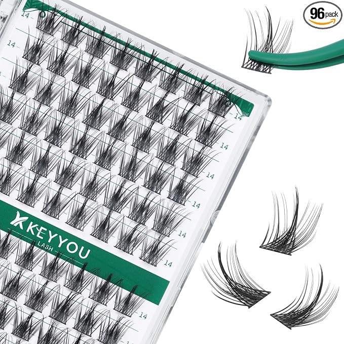 Lash Clusters,96 Pcs Cluster Lashes D Curl 14mm DIY Lash Extensions Eyelash Clusters,KEYYOU Volume Wispy Individual Lashes Soft&Comfortable Easy DIY at Home(Y09,D-14mm)