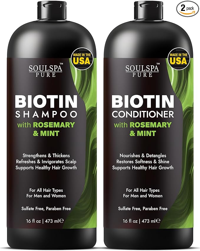 SOULSPA PURE Biotin Rosemary Shampoo and Conditioner Set - Sulfate Free Scalp Care & Hair Strengthening for Thinning, Color-Treated Hair - Rosemary Oil for Men & Women - Made in USA - 16 fl oz Each