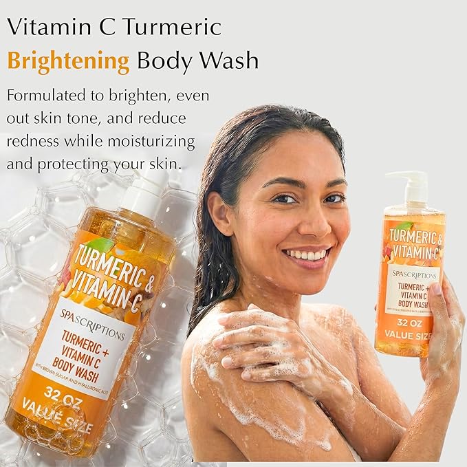 SpaScriptions Vitamin C & Turmeric Body Wash – Brightening Gentle Cleansing Shower Gel Scrub With Hyaluronic Acid for Radiant Glowing Skin & Brown Sugar Exfoliation, Scented, Paraben Free, 32 fl oz