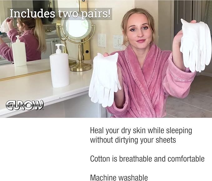 Eurow Moisturizing Gloves for Dry Cracked Hands, Overnight Healing Cotton Gloves Lock in Lotion for Eczema, Psoriasis, Skincare Relief, Reusable Unisex Fit, 2 Pairs, White (Pack of 2)