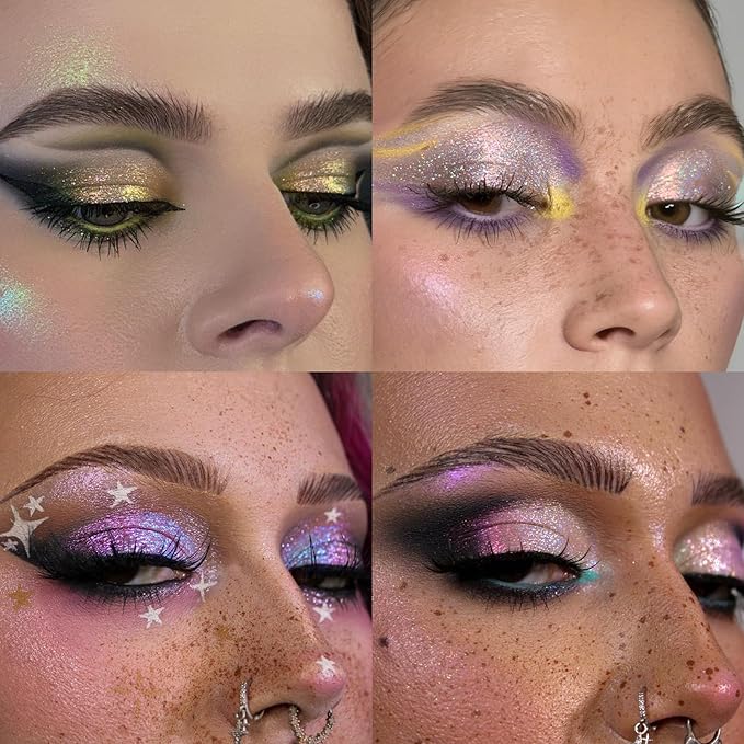 Pink Glitter Eyeshadow, Half Magic Eyeshadow Palette, 3 Color Gold-Pink-Purple Chameleon Iridescent Holographic Glitter Cream Eye Shadow, #03