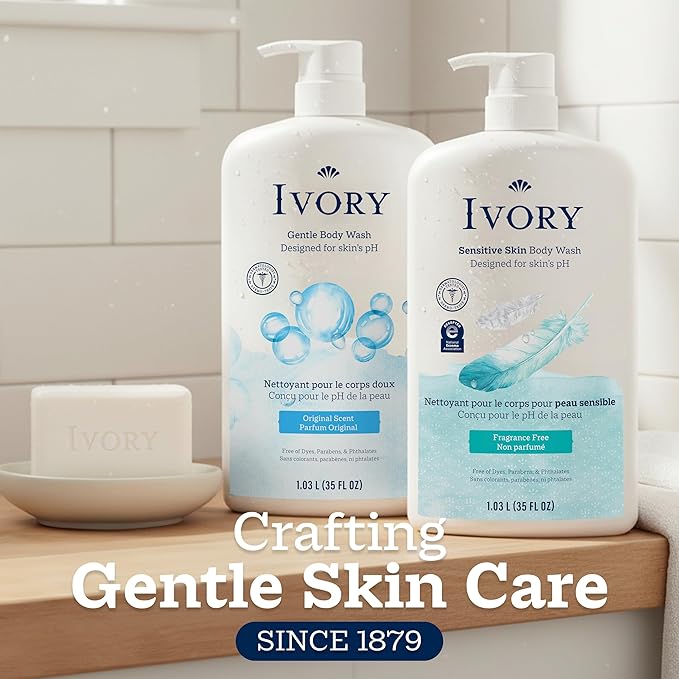 Ivory Body Wash, Designed for the Whole Family, Gentle Formula, Free of Dyes Heavy Perfumes Parabens Phthalates & Silicones, Designed for Skin's pH, Fragrance-Free, 35 oz