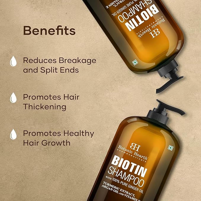 Botanic Hearth Biotin Shampoo With 100% Pure Ginger Oil | Sulfate & Paraben | Free | Enriched With Turmeric Extract, Argan Oil & Vitamin E | For All Hair Types | 16 Fl. Oz