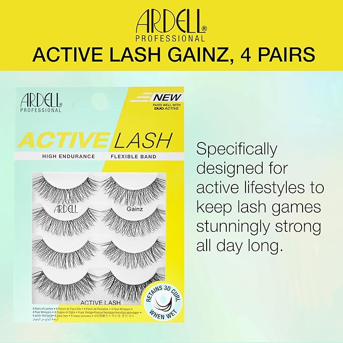 Ardell Active Gainz Lashes - Sweat-Proof & Long-Lasting Wispy, Comfortable Wear False Eyelashes, 4 Pairs