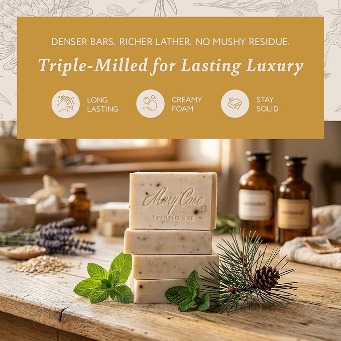 Mary Case Pine Tar Bar Soap Set of 4 | Natural Soap with Olive, Coconut & Pine Oils + Dried Mint | Vegan Bath Soap for Men & Women | Revitalizing & Soothing Skin Care