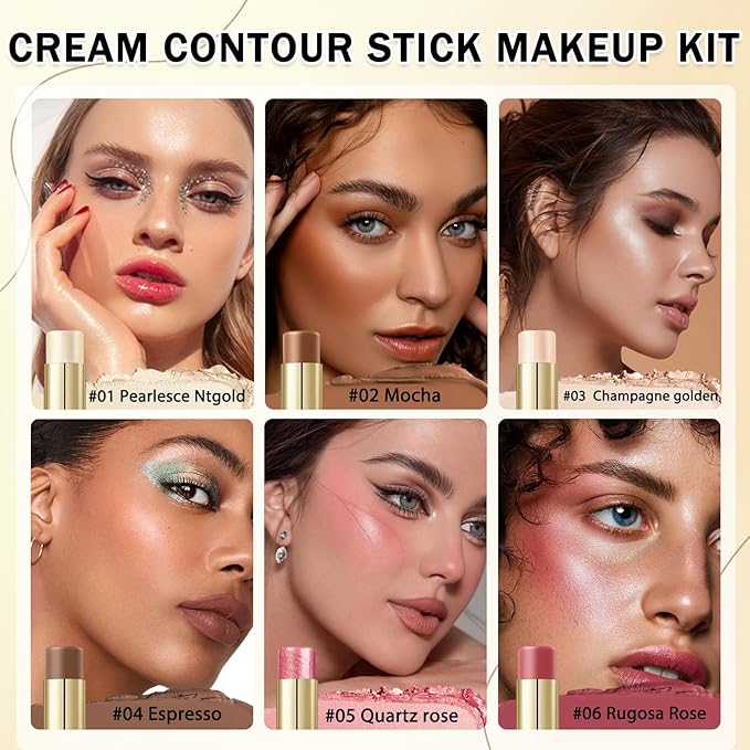 IONSGAKO 6 Colors Cream Contour Stick Makeup Kit, Double-ended Cream Highlighter Stick Bronzer and Blush Stick for Sculpt the Cheeks, Matte & Dewy Finish, Face Contour Kit for Beginners, Set B