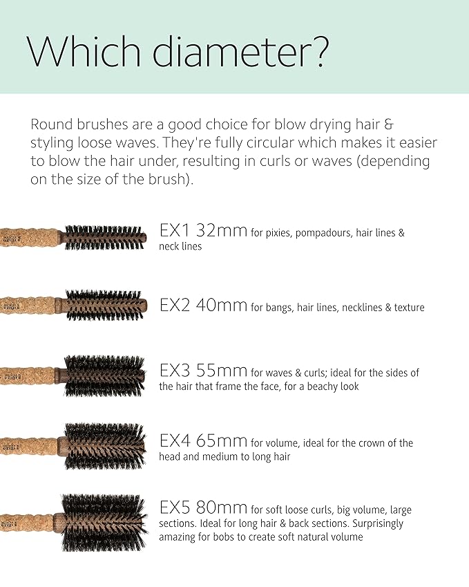 Ibiza Hair Round Boar Bristle Brush (EX2-40mm) | Lightweight with Reinforced Bristles & Cork Handle | Ideal for Bangs & Hairlines | Adds Texture & Shine for Short to Medium Styles