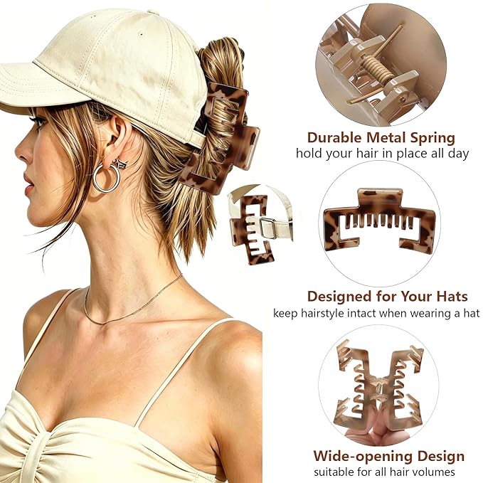 4 Pcs Large Hats Claw Clips for Women, Hat-Friendly Hair Clips for Trucker Hats and Baseball Caps, Tortoise Shell Non-Slip Strong Hold Hair Claw Clips for Thick Thin Hair