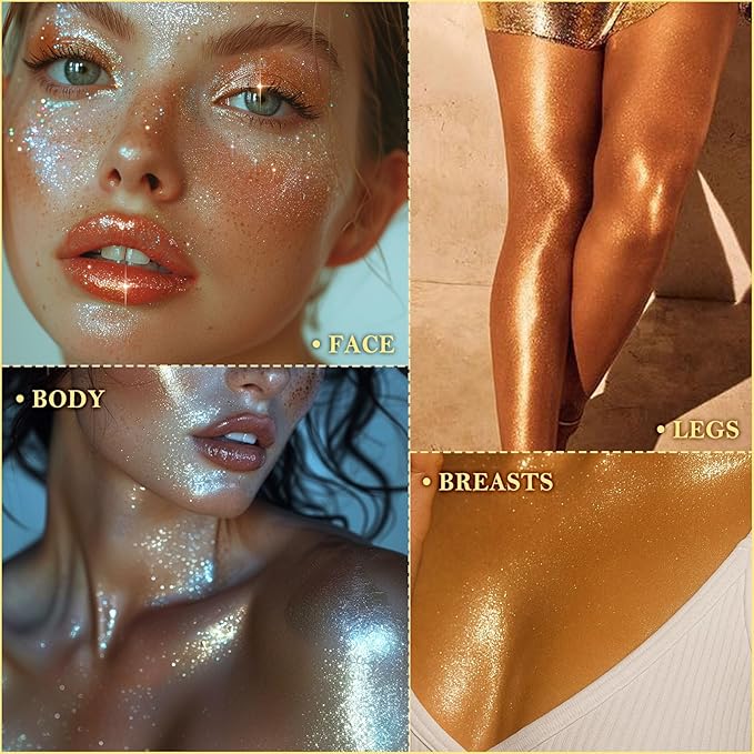 Liquid Glitter Highlighter Glow Drops – Face Highlighter & Body Shimmer Makeup, Illuminating Radiant Glow for Festival Rave Party, Long Lasting 03 Rose Gold