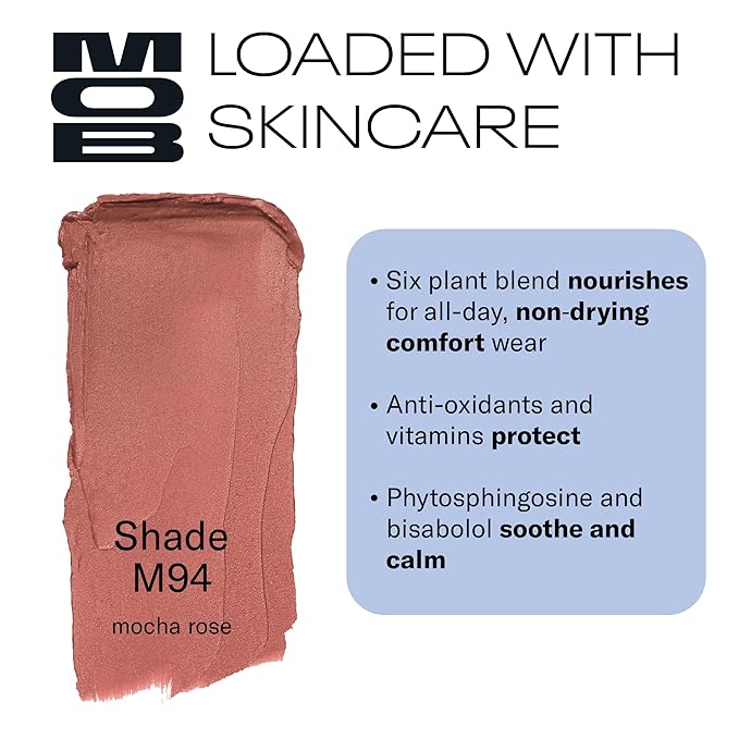 MOB Beauty Soft Matte Lipstick, M94 Mocha Rose, Long Lasting, Weightless Blurring Lip Color Infused with Skincare, Vegan, Silicone-Free, Cruelty Free
