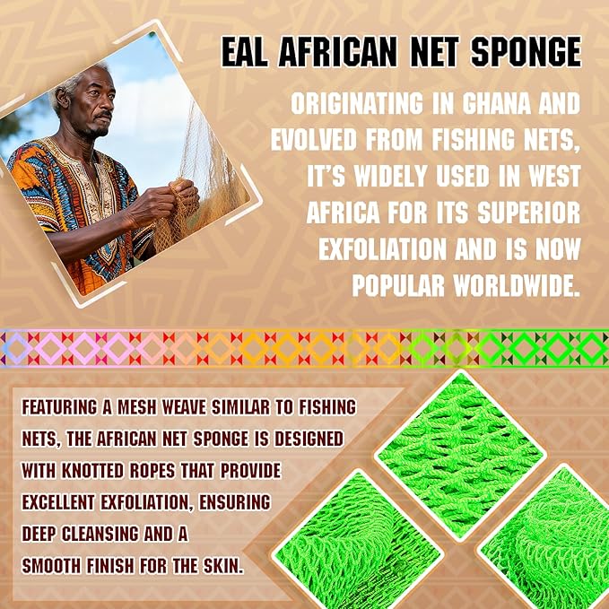 Real African Net Sponge - 2 Pieces Premium Body Exfoliator - Gentle Scrub for Dry/Sensitive Skin - Durable & Easy Rinse Shower Essential (Yellow Green)