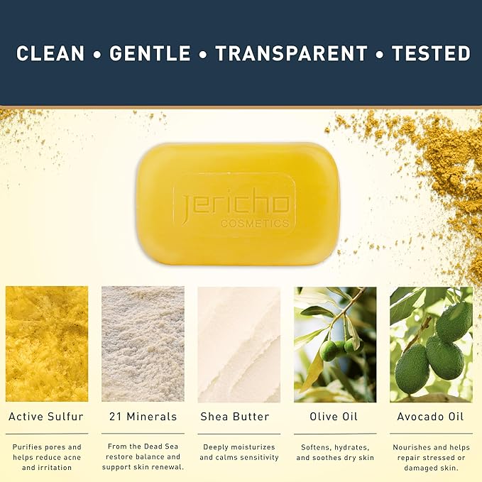 Jericho Dead Sea Sulfur Soap with Olive Oil – Helps with Acne, Psoriasis, Eczema & Blackheads – For Oily to Normal Skin – Vegan Face & Body Bar for Men & Women, 4.4 Oz / 125 g (Pack of 6)