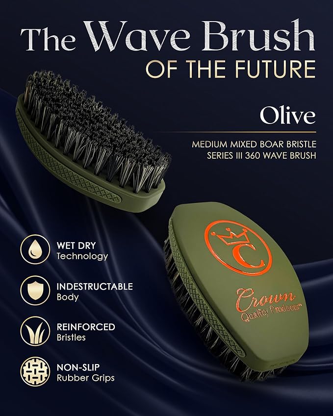 NEW OLIVE MEDIUM Crown Quality Products Curved 360 Wave Caesar 2.0 Mixed Boar Bristle Hairbrush - Non-Slip Grip, Waterproof, Debossed Logo, Indestructible Body - The Ultimate 360 Wave Brush