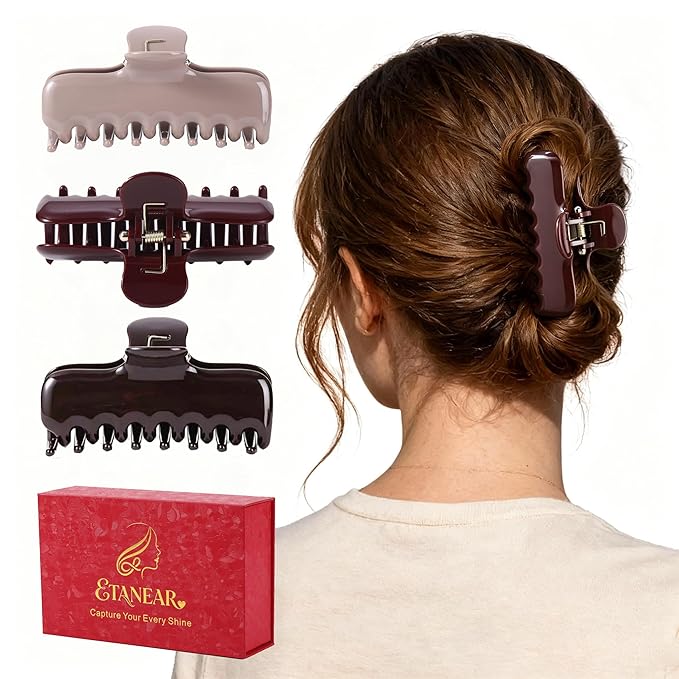 3Pcs Rectangle Hair Claw Clips for Women, 3.8" Premium PC Material Non-Slip Strong Hold Hair Claw for Thick Thin Hair, Durable Comfortable Jaw Clip Large Stylish Hair Accessories Gift Box Set