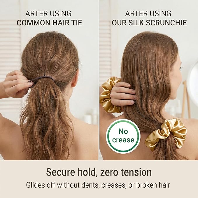 ZLYC 100% Mulberry Silk Hair Tie Scrunchie 19 Momme Gentle Creaseless Dent-Free Ponytail Holder for Women, 6cm Solid Champagne Gold
