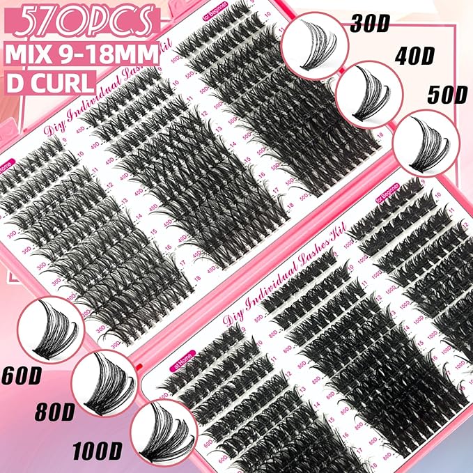 QUKLOGEN DIY Lash Extension Kit 782Pcs D Curl 4 styles Individual Lash with Bottom Lash Clusters Lash Bond and Seal,Quick Glue Remover Tweezers Eyelash Brush Mini Applicator (LASH001)