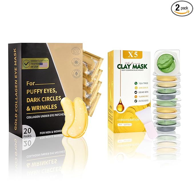 Clay Mask Set (10 Pods) Gold Eye Patches (20 Pairs), Mud Mask Deep Pore Cleansing Acne Blackhead Removal, Eye Patches for Puffy Eyes Dark Circles, Men & Women Facial Mask Eye Masks Skin Care.