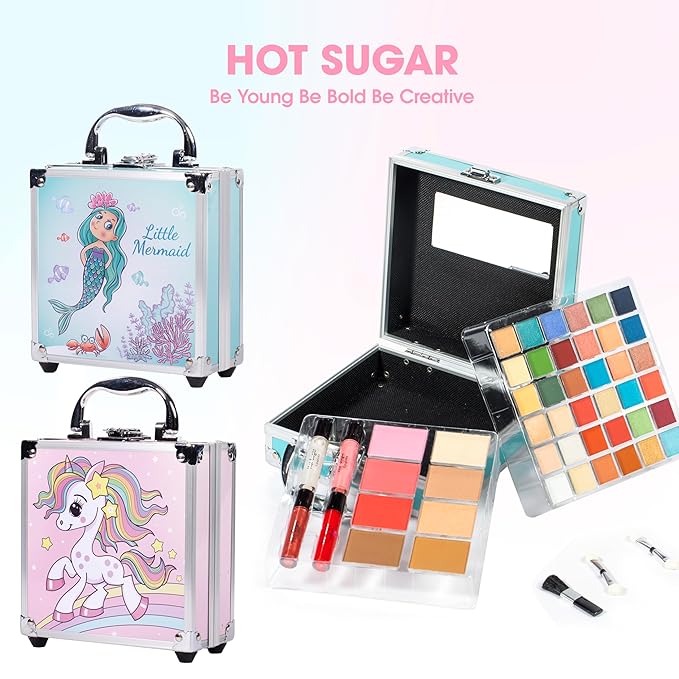 Hot Sugar Girls Makeup Kit for Teenagers 13-15 Includes Eyeshadow Lip Gloss Blush Highlighter Contour Brush (Blue Mermaid)
