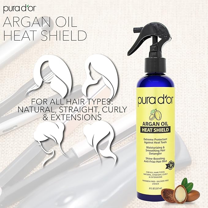PURA D'OR 8 Oz Argan Oil Heat Shield Protectant Spray with Select Organic Ingredients,Protects Up To 450º F From Flat Iron & Hot Blow Dry,Leave-In,Define & Shine Dry-& Damaged Hair,(Pack of 2)