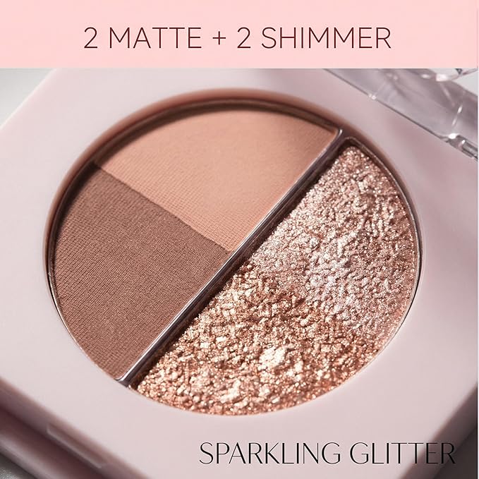 Mini Eyeshadow Palette, Matte & Shimmer Quad for Women, Travel-Friendly, Cream Stick, Smokey Nude, Glitter, Primer Powder Set (Maple Mocha)