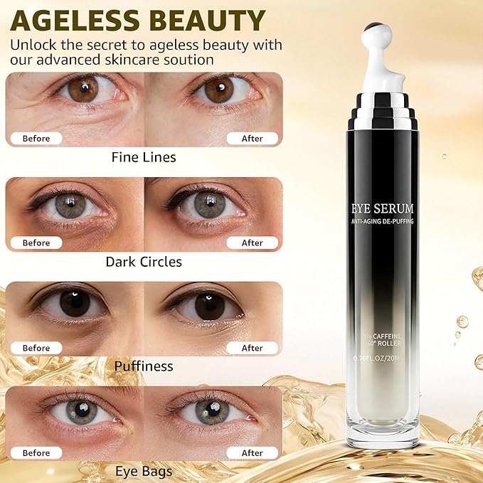 Eye Cream 360°Massage Roller, Caffeine and Under Eye Serum Roller for Dark Circles Puffiness Bags- Retinol, Peptides Reduce Wrinkles Fine Lines, Brightens, Formula Upgraded, 0.76fl oz