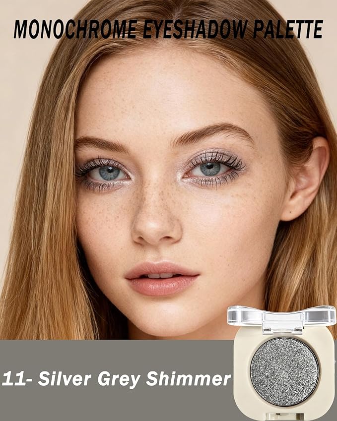Silver Grey Shimmer Single Nude Eyeshadow Palette,Glitter Smooth Velvet Pressed Powder Eye Shadow,Longwear High Pigment Mini Monochrome Eyeshadow Lightweight Blendable Formula Women Daily Makeup-11