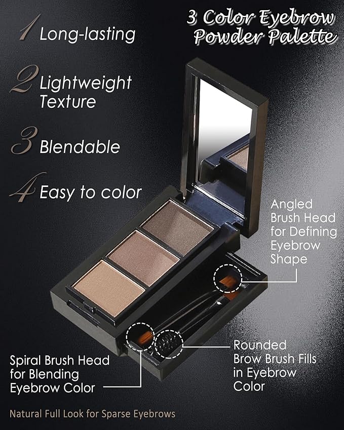 3 Color Eyebrow Powder Palette Kit, Gray Medium Brown & White Eye Brow Powder for Women, Long-Lasting Waterproof Tinted Brow Filler, With Mirror & Eyebrows Brush Makeup Set, Defined Natural Brows-B02