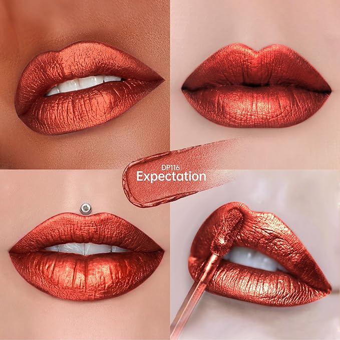 Depuplum Red Lipsticks for Women Metallic Lipstick Long Lasting Shimmer Lip Gloss Metal Shine Glitter Waterproof Lipsticks Full Coverage Lip Color for Mother's Day,DP116 Expectation
