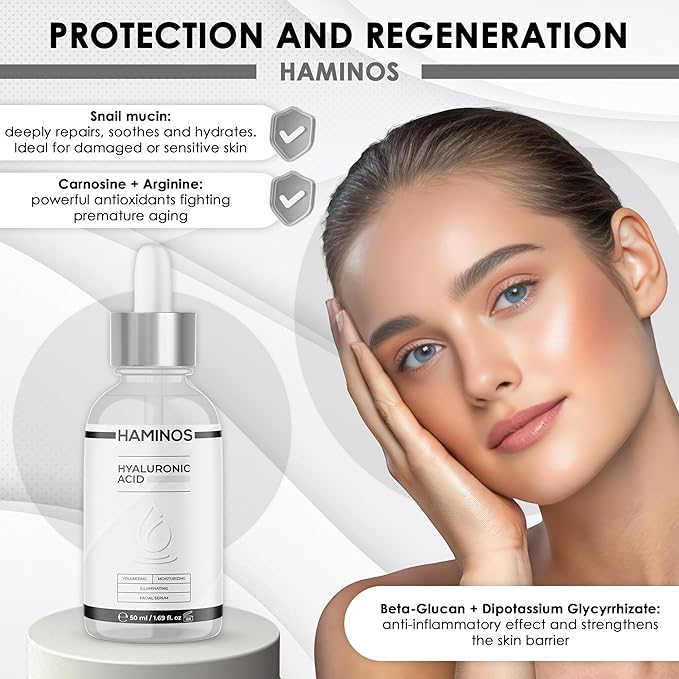 HAMINOS Hyaluronic Acid Serum with Niacinamide, Snail slime, collagen – Lip Plumper, Stretch Marks, Wrinkles, Fine Lines, Hydration - UNIQUE FORMULA (50 ml - 1.69 Fl Oz)