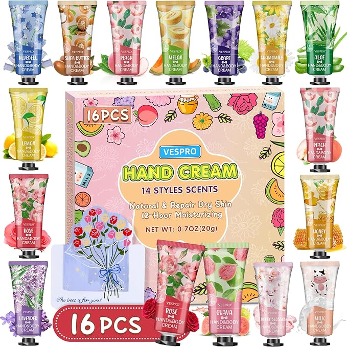 16 Pack Hand Cream Set, Mothers Day Gifts for Mom, Bridesmaid Gifts, Bulk Hand Lotion Travel Size for Dry Cracked Hands, Mini Hand Lotion for Thank You Gifts and Teacher Gifts with a Greeting Card