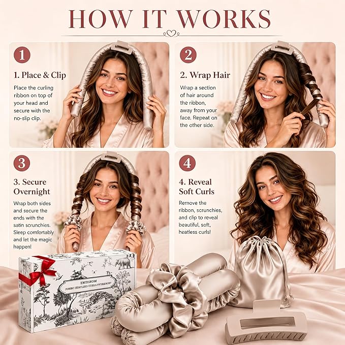 EnteromMuse Heatless Curls Overnight Satin Curling Set No Heat Hair Curler for Long & Short Hair, Heatless Curling Rod&Rollers for Soft Bouncy Curls Complete Kit with Storage Bag(Beige, Original)