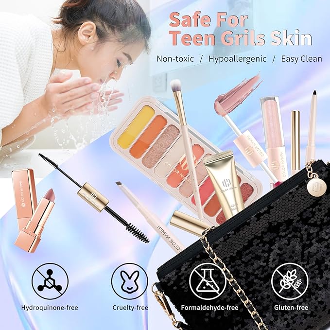 Color Nymph Makeup Kit For Girls, Women Make Up All In One Makeup Set For Starter With Sequin Bag, 9 Colors Eyeshadow Palette, Lip Gloss, Eyeliner, Mascara - Orange Pink, Party Wedding Evening Bag