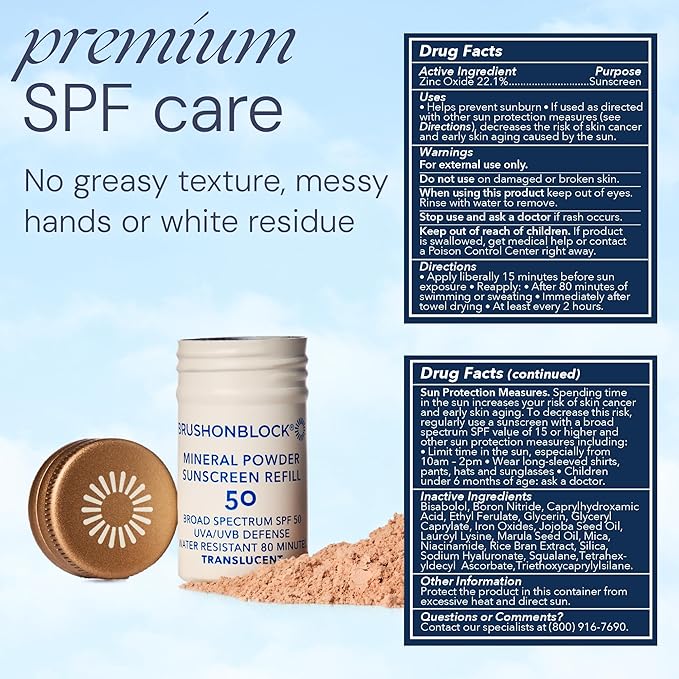 Brush On Block Mineral Sunscreen Powder Refill, Natural Broad-Spectrum SPF 50, Safe for Sensitive Skin, UVA UVB Face Protection, Reef Friendly (Translucent - Refill)