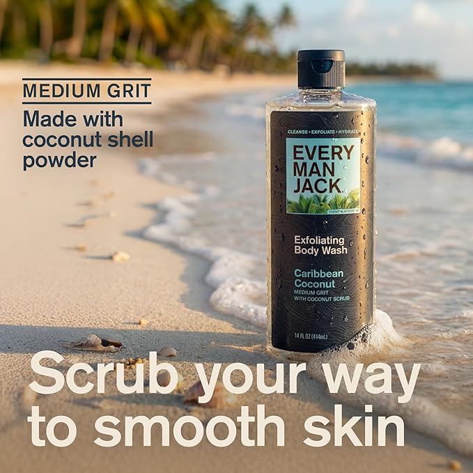 Every Man Jack Exfoliating Men's Body Wash for All Skin Types - Caribbean Coconut - Made with Natural Exfoliants - 14 fl oz (2 Pack)
