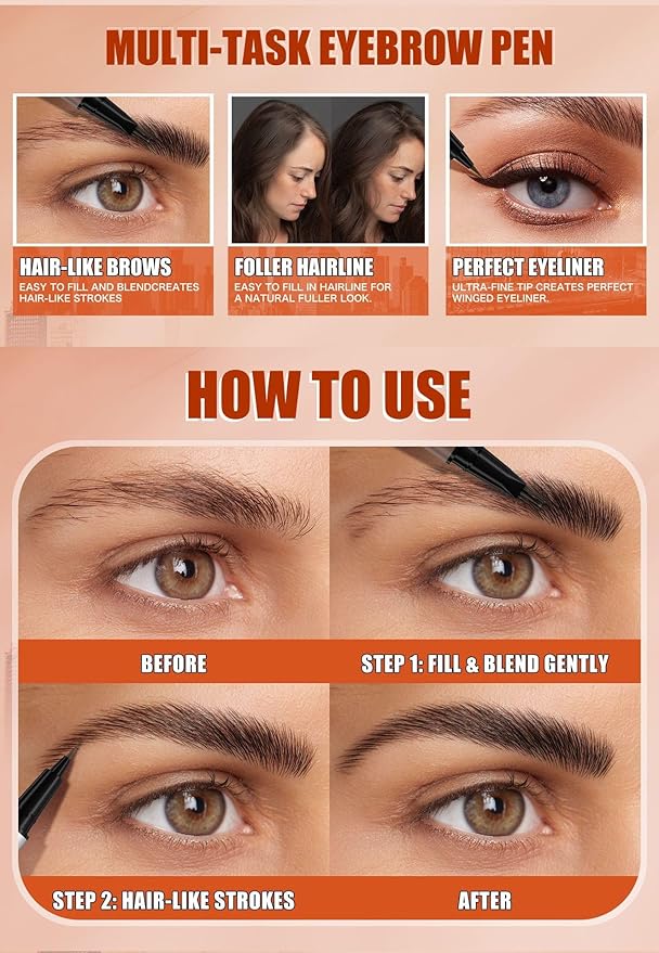 Microblading Eyebrow Pencil & Pen for Women，Waterproof Smudge Proof Quick-Dry Brow Definer with Micro Split Tip for Hair Like Strokes, Faux Brow Lift and Snatch Brow Tint (Black Brown)