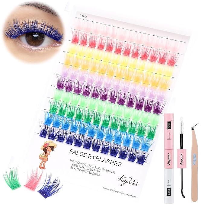 →VAYATOR Wide Stem With Various Colored False Eyelashes D Curl Eyelash String 10-20mm Choose Professional Makeup Personal Eyelash String Grafted Eyelash Extension Cluster（10 colors-10mm Lashes Kit）