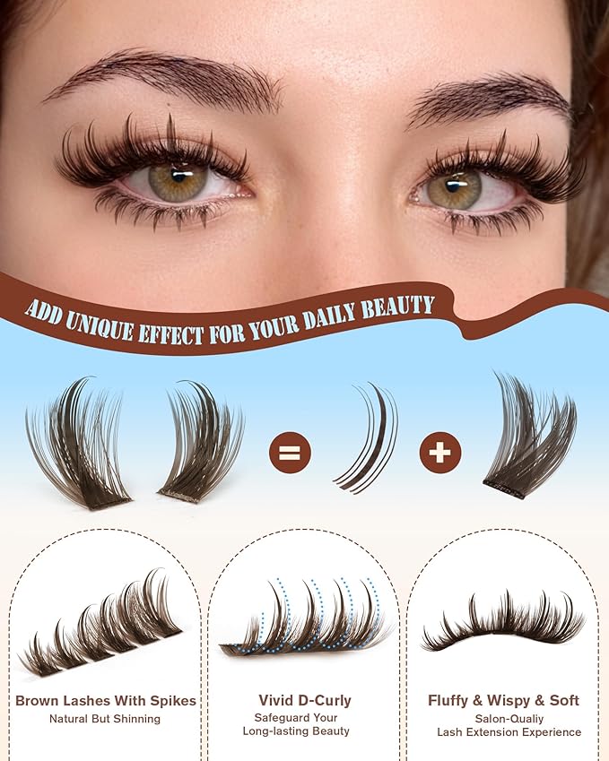 Zegaine Brown Lash Clusters Kit Dark Brown Lashes With Spikes Bottom Eyelash Clusters Manga Brown Cluster Lashes Kit With Lash Bond&Seal, Lash Tweezers Anime Cluster Eyelash Extensions 12-18MM 264Pcs