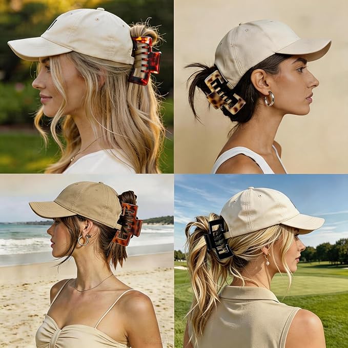 4 Pcs Large Hats Claw Clips for Women, Hat-Friendly Hair Clips for Trucker Hats and Baseball Caps, Tortoise Shell Non-Slip Strong Hold Hair Claw Clips for Thick Thin Hair