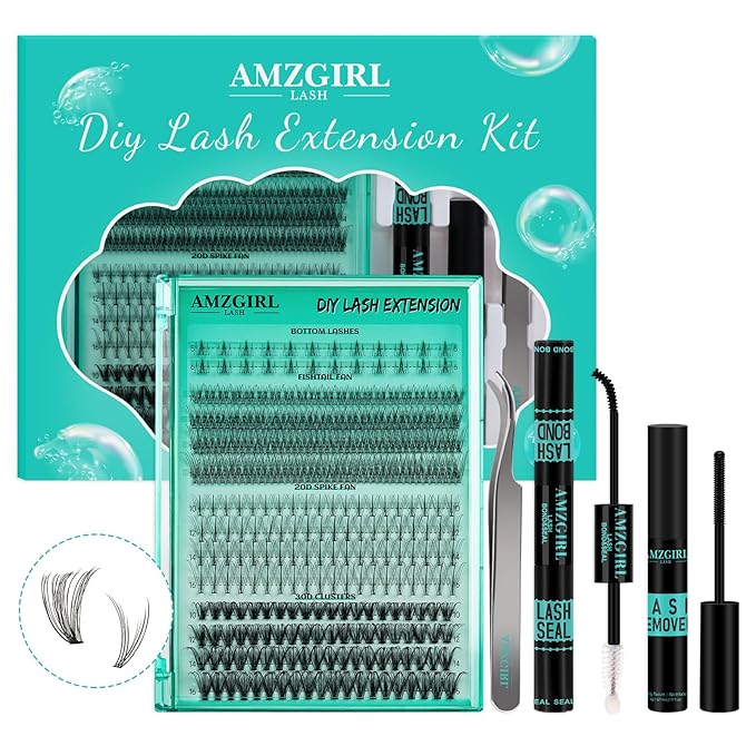 Lash Extension Kit Individual Lash Clusters Kit Bottom Lashes,Fishtail Fan,20D Spike Fan,30D Clusters,Lash Bond and Seal Eyelash Remover and Lash Tweezer DIY at Home by AMZGlRL(D-Mix5-16mm kit)