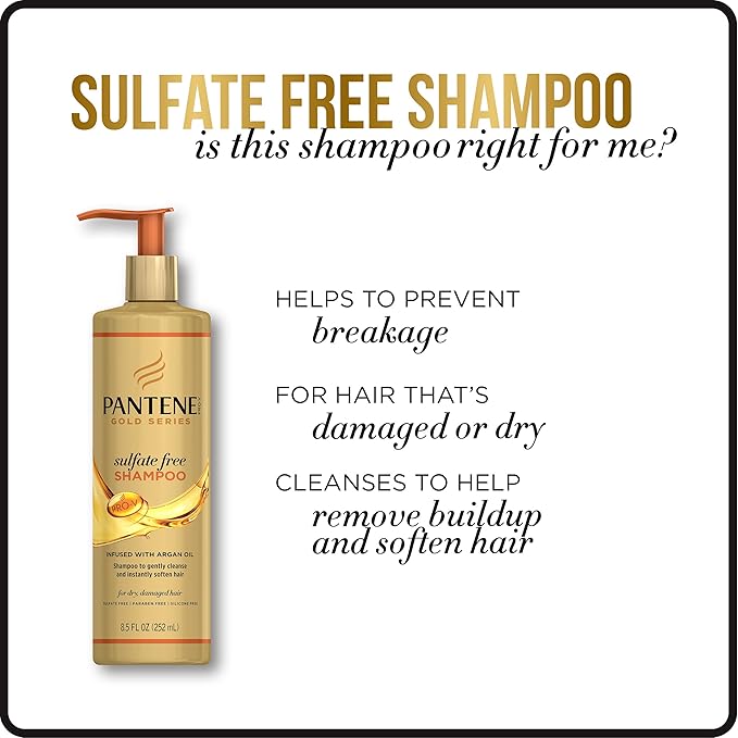 Pantene Gold Series Argan Oil from ProV for Natural and Curly Textured Hair, Sulfate Free Shampoo, 8.5 Fl Oz