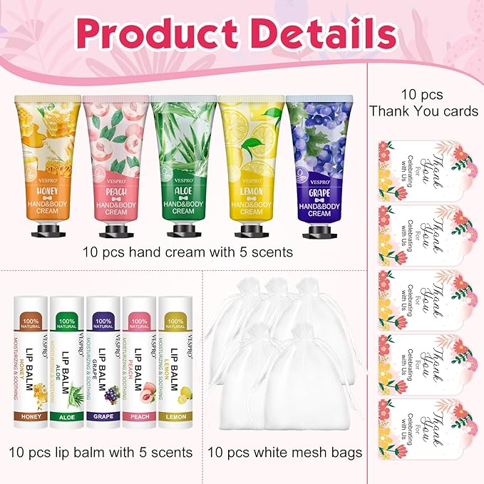 VESPRO 10 Pack Bulk Hand Cream and Lip Balm Sets, Mothers Day Gifts for Mom, Teacher Appreciation Gifts, Nurses Week Gifts, Thank You Gifts and Birthday Gifts with Thank Card Organza Bags