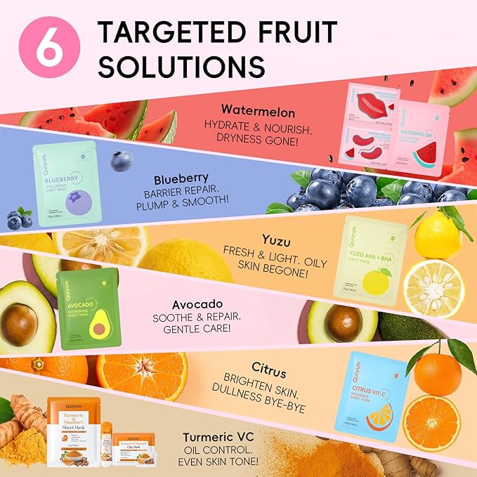 QUIYUM Skincare Set - 26PCS Face Masks & Lip-Eye Masks, Fruit & Turmeric VC Masks Gifts for Women Teen Girls, Travel Size Toiletries for Mother's Day Christmas Birthday