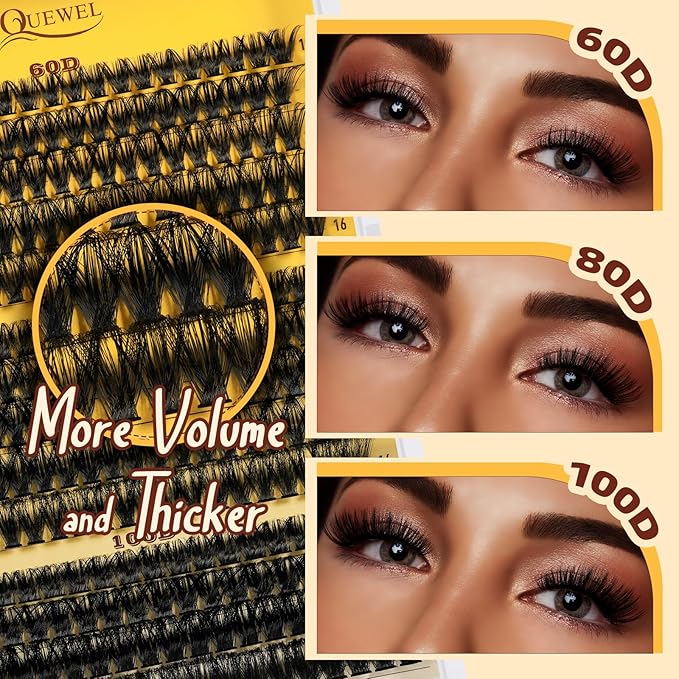 QUEWEL DIY-Lash-Extension-Kit, 280pcs 60+80+100D-Fluffy Lashes-Clusters Mixed 12-18mm Thick Eyelash-Clusters-Kit with Lash Bond and Seal, and Cluster Lashes Tweezers Easy DIY at Home(60+80+100 KIT)