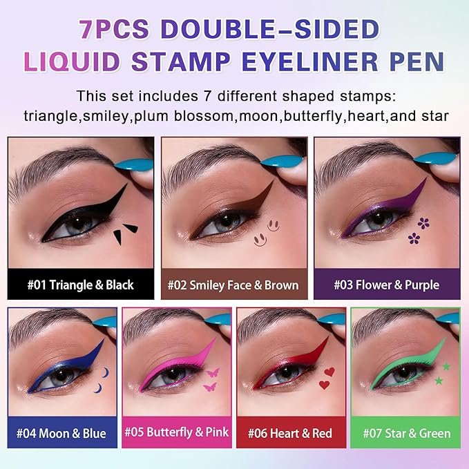 7PCS Colorful Eyeliner Stamp Set,Double-headed Liquid Eyeliner Pencil Face Stamps Makeup,Long-lasting Delineador de Ojos Contra el Agua