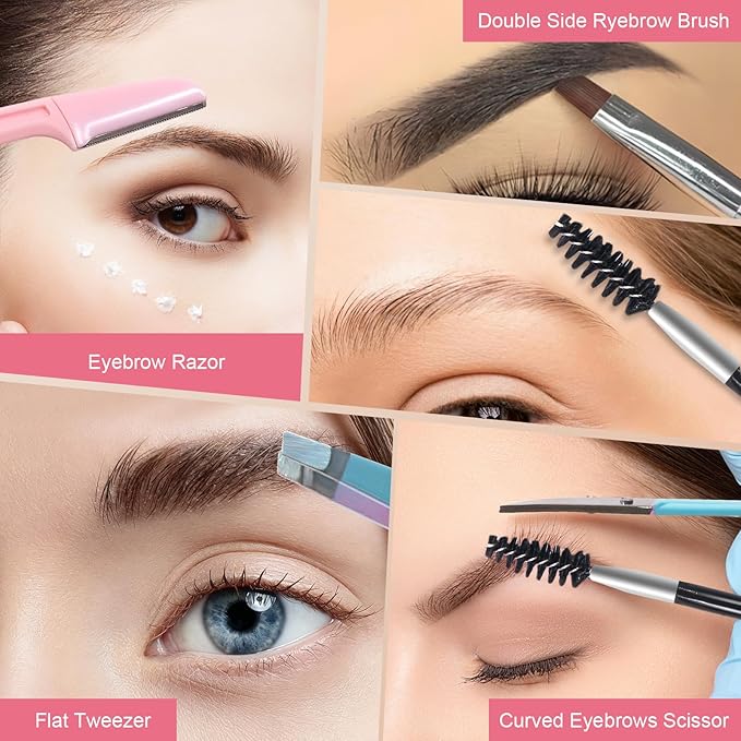 Eyebrow Tweezers Set with Travel Case - 7 Pcs Professional Eyebrow Grooming Kit Stainless Steel Slant and Pointed Tweezer Kit for Women Facial Hair, Ingrown Hair and Daily Grooming
