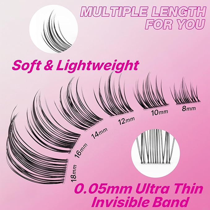 VEYESBEAUTY Lash Clusters Individual Eyelash Extensions Thin & Invisible Band DIY False Eyelashes for Self-application Eye-Catching Series Wispy Lash Tray,Sweetie 8-18mm Mixed Length