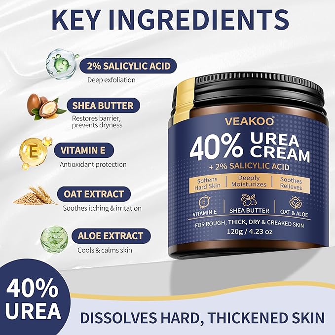 Veakoo Urea Cream 40 Percent for Feet Maximum Strength, Foot Cream with 2% Salicylic Acid, Dead Skin Cuticle Callus Remover, Urea Lotion for Intensive Repair of Dry Cracked Heels Hands
